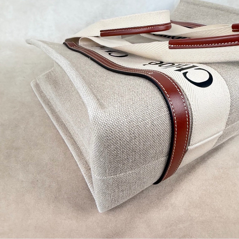 Chloé Woody Medium Tote Beige Linen Canvas Logo Strap Brown Leather Trim - Picture 10 of 17